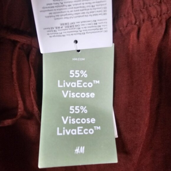 H&M Linen Wide-Leg Pants L Pull On Burgundy High Waist Coastal Lagenlook Scandi - Picture 8 of 12